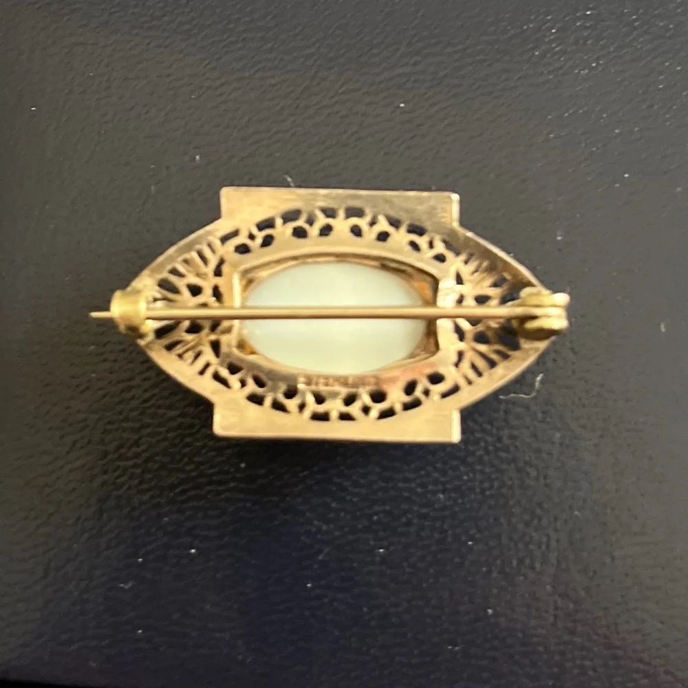 Antique Edwardian Sterling Silver Opaline Glass Brooch Pin 1900-1915